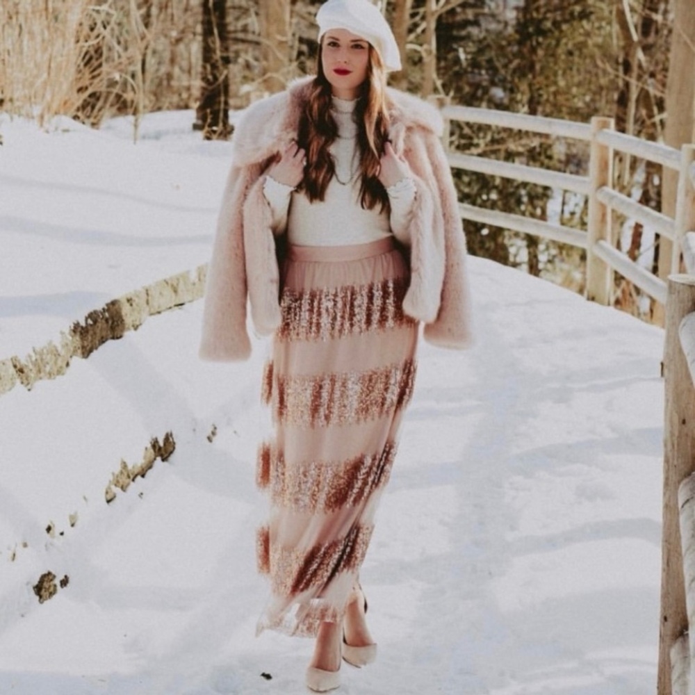 🆕 Anthropologie Eva Franco Blush Rose Sequin Tulle Maxi Skirt - Picture 9 of 10